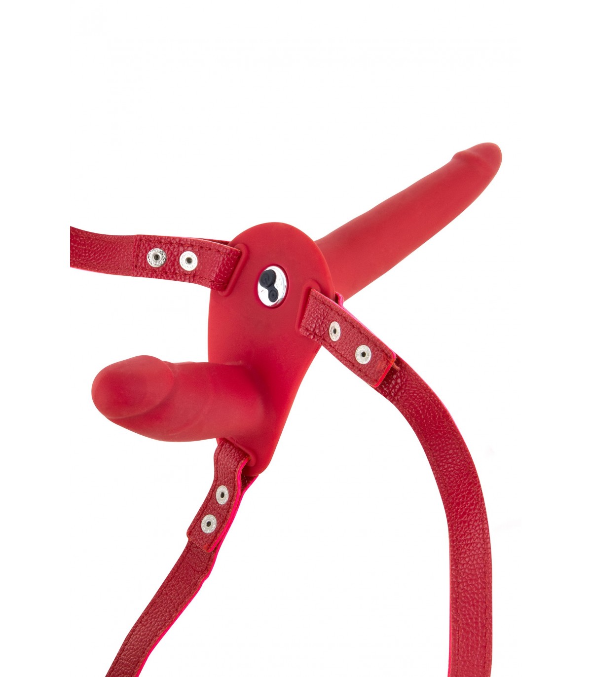 Strap-on Dublu 10 Moduri Vibratii, Silicon, USB, Rosu, 15.5 cm