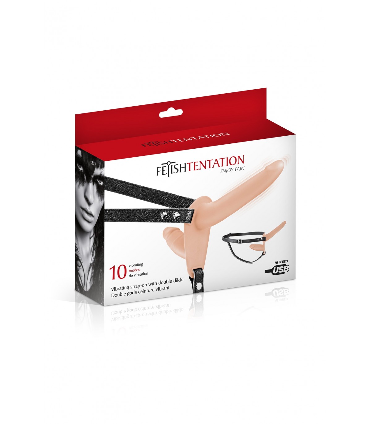 Strap-on Dublu 10 Moduri Vibratii, Silicon, USB, Natural, 15.5 cm