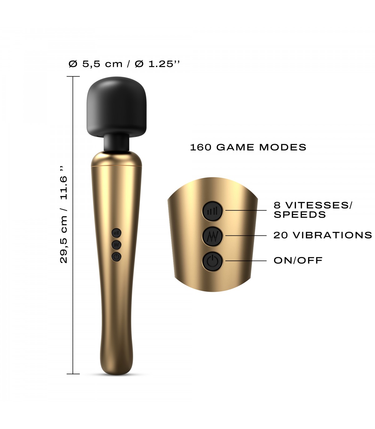 Vibrator Masaj Megawand, 20 Moduri Vibratii, 8 Viteze, Silicon, USB, Auriu/Negru, 29.5 cm