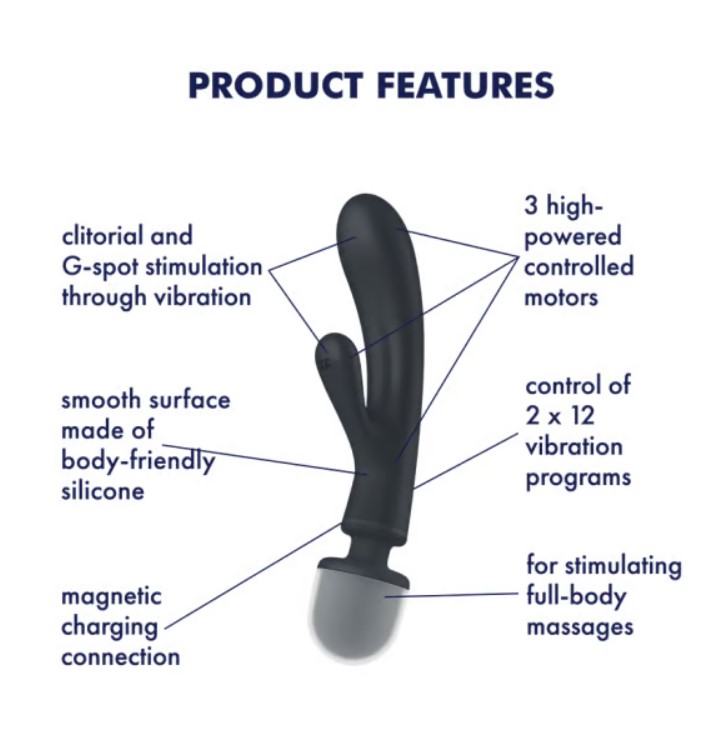Vibrator Triple Lover Satisfyer, 24 Moduri Vibratii, Silicon, IPX7, USB, Gri, 23.7 cm
