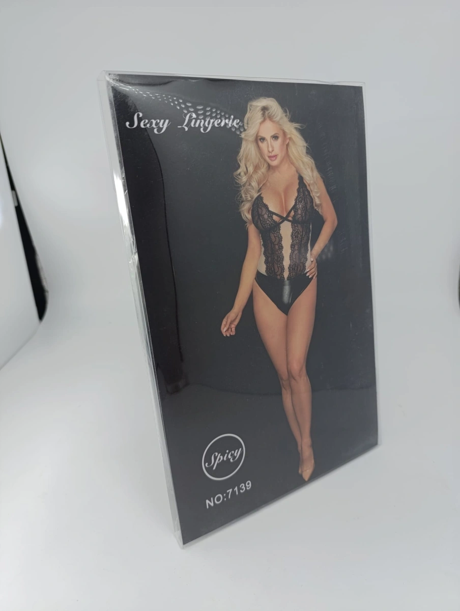 Body Sexy Denisse Wetlook-Dantela-Plasa Negru/Bej S/M