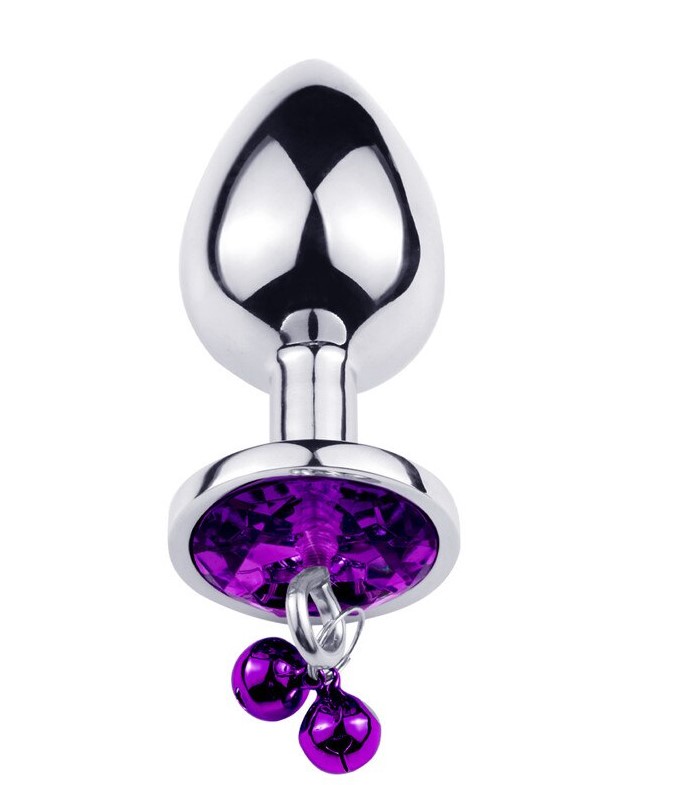 Dop Anal Metalic cu Clopotei Ring My Bells, Argintiu/Mov, Medium, 8 cm, Passion Labs