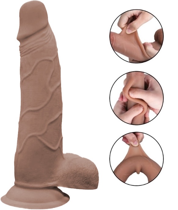 Dildo Evan Sliding&Bendable, TPE Strat Dublu, Caramel, 22 cm, Passion Labs