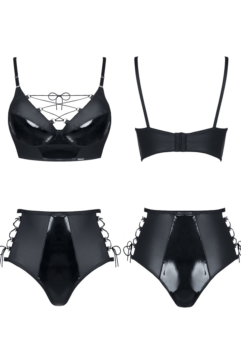 Set Lenjerie Jessica 2 Piese Material Wetlook Negru M