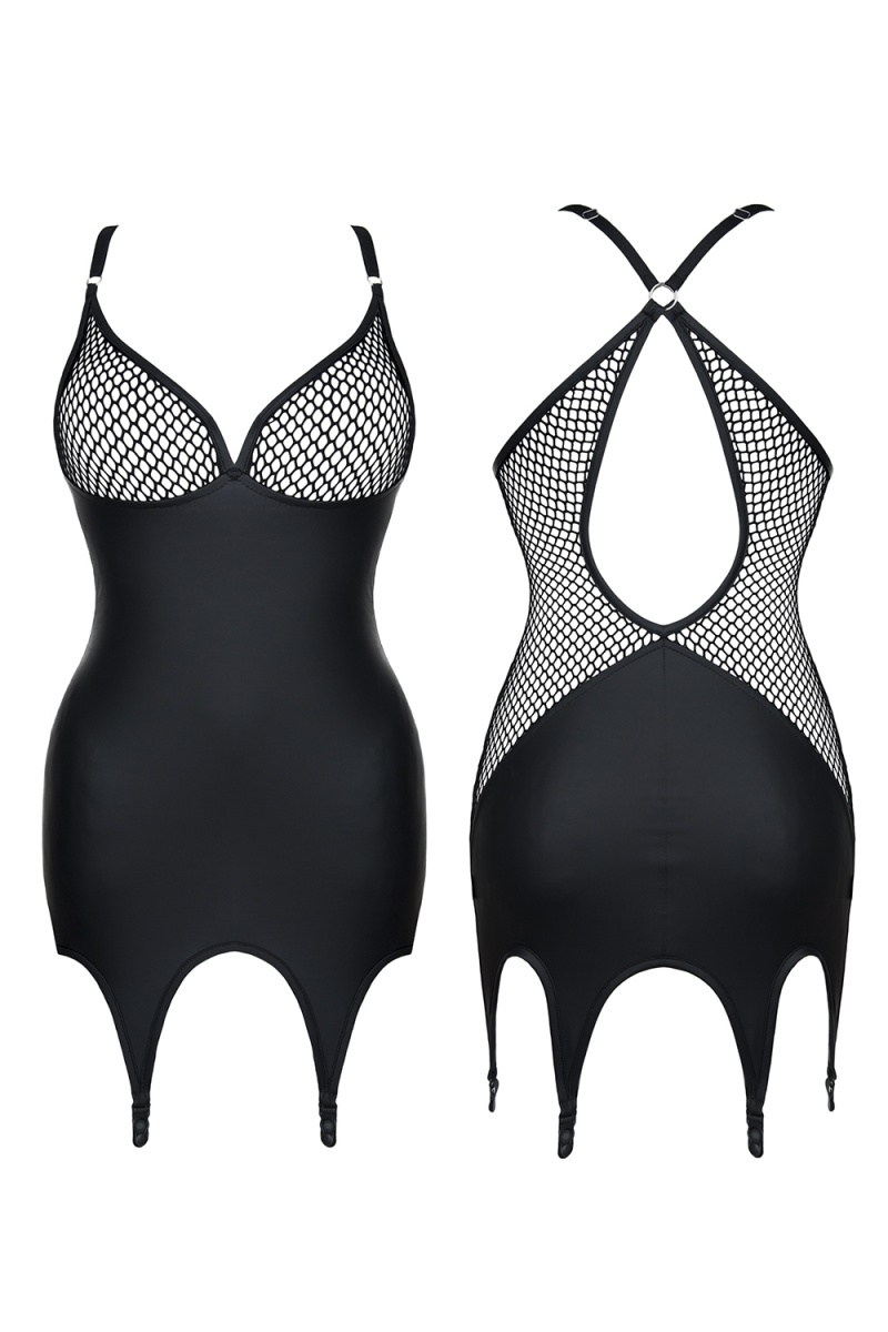 Rochie Mini Eris cu Jartiere Piele Ecologica Neagra M
