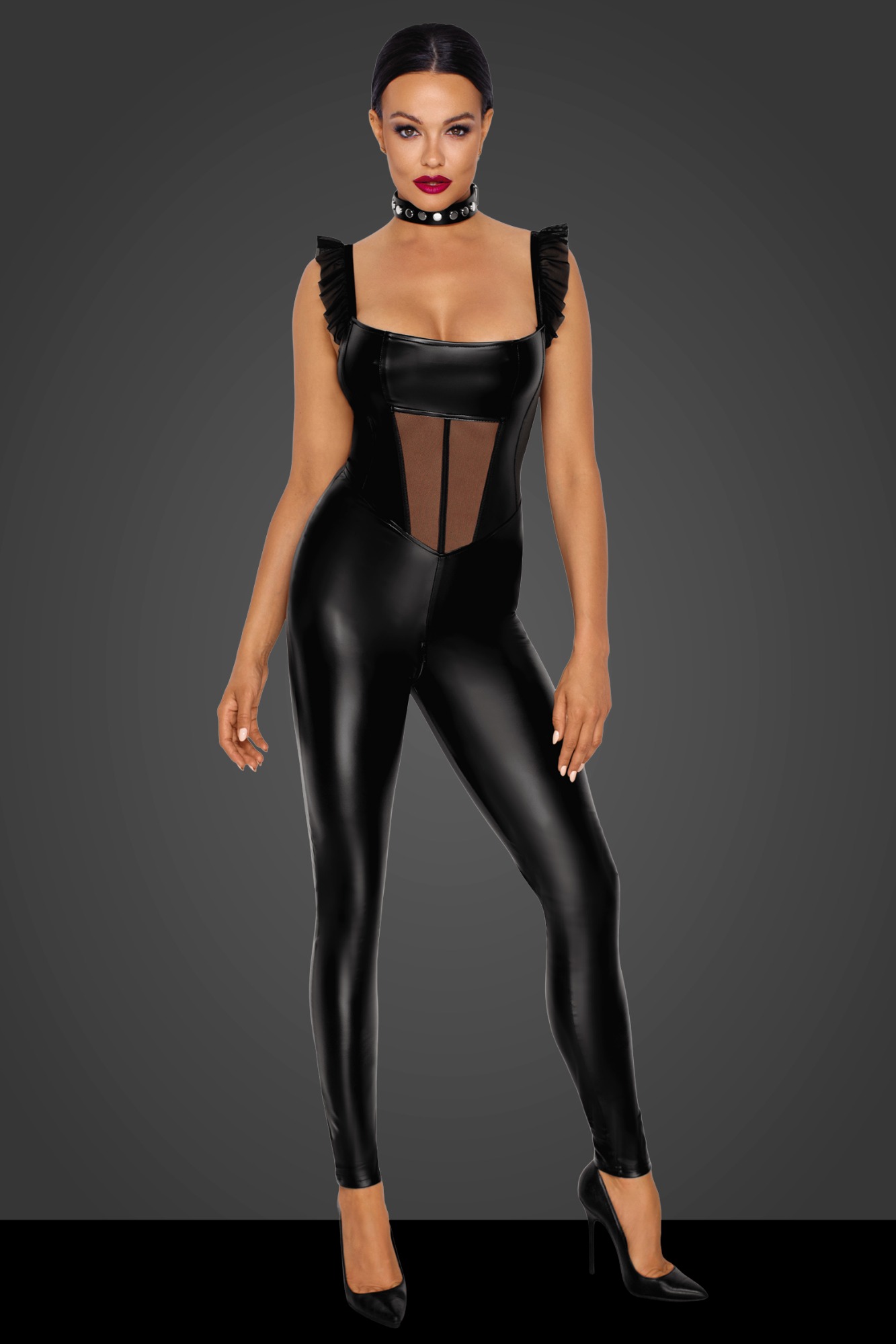 Catusit Crotchless Overall Powerwetlook cu Insertii Tulle si Volanse M