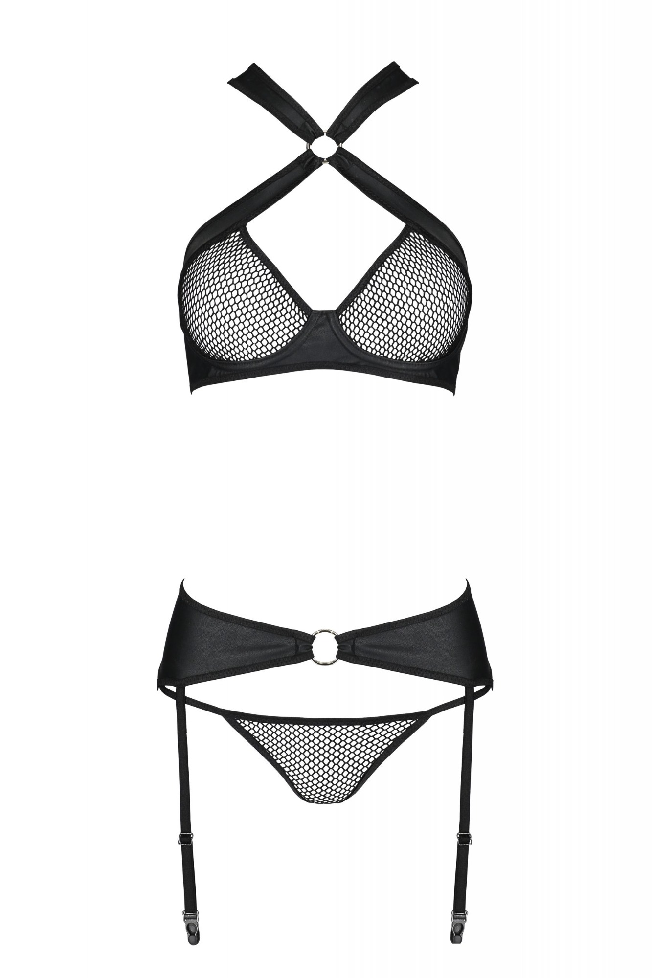 Set 3 Piese Amanda din Piele Ecologica si Plasa, Negru, L/XL
