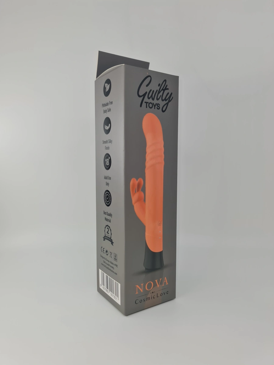 Vibrator Iepuras Nova, 9 Moduri Vibratii, 4 Viteze Impingere, Silicon, USB, Portocaliu/Negru, 24.6 cm, Guilty Toys, Cosmic Love