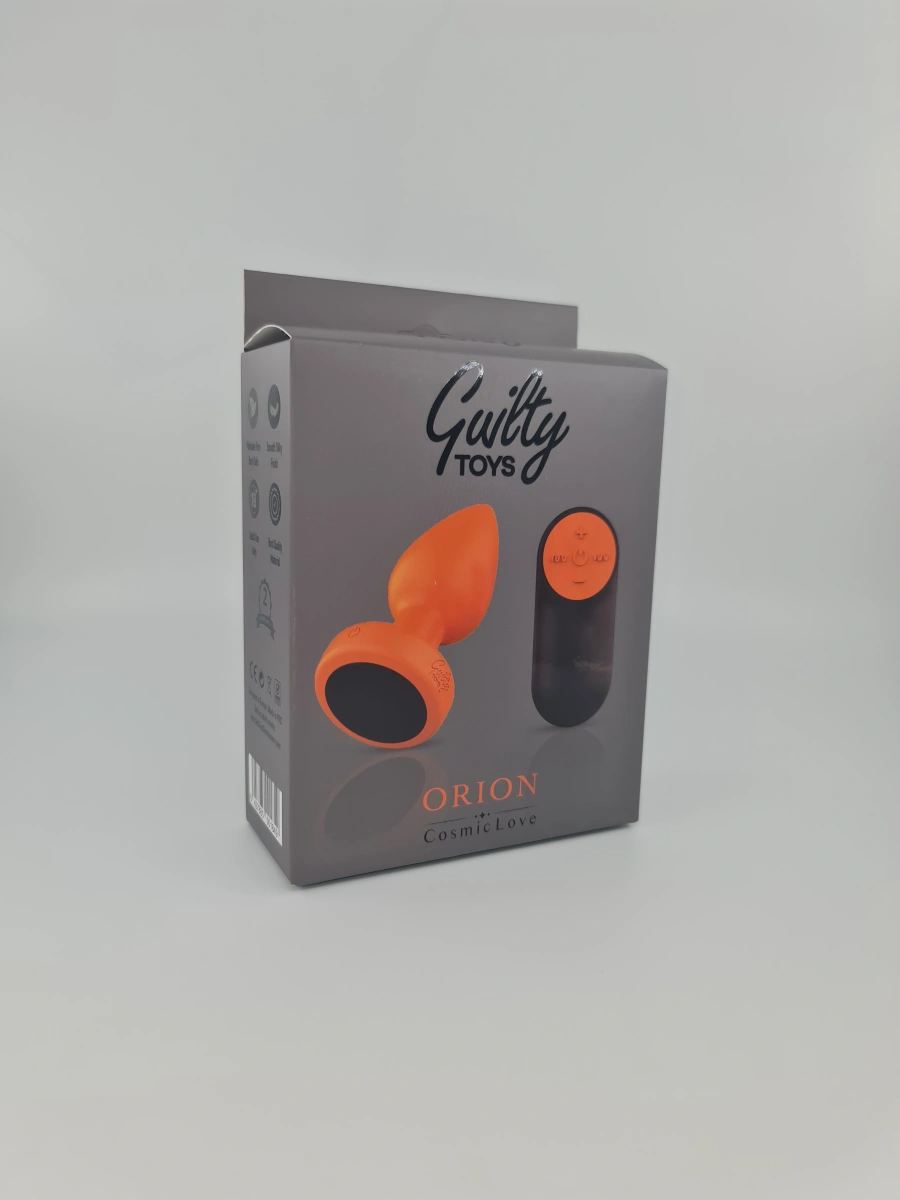Dop Anal Orion, 7 Moduri Vibratii, 4 Intensitati, Silicon, USB, Remote Control, Portocaliu/Negru, 9.4 cm, Guilty Toys, Cosmic Love