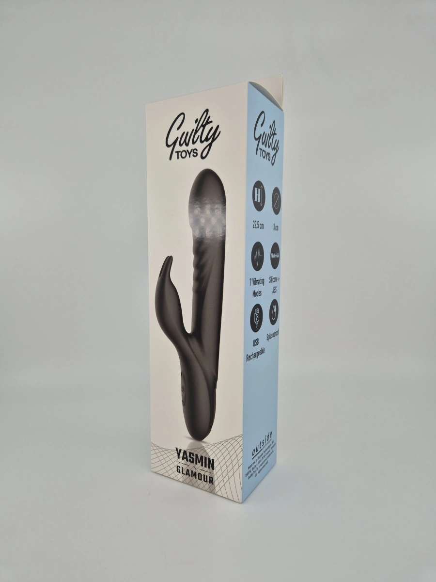 Vibrator Iepuras Yasmin, 3+7 Moduri Stimulatoare, Silicon, USB, Negru, 22.5 cm, Guilty Toys, Glamour
