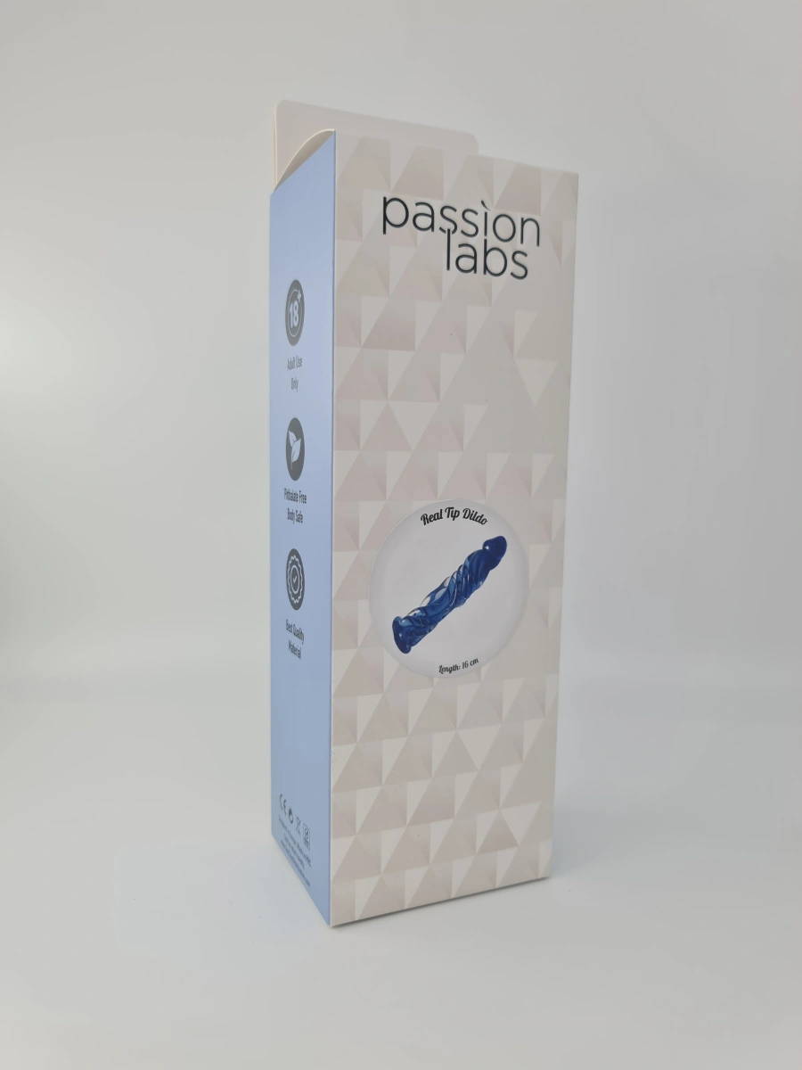 Real Tip Dildo, Sticla Premium, Albastru, 16 cm, Passion Labs