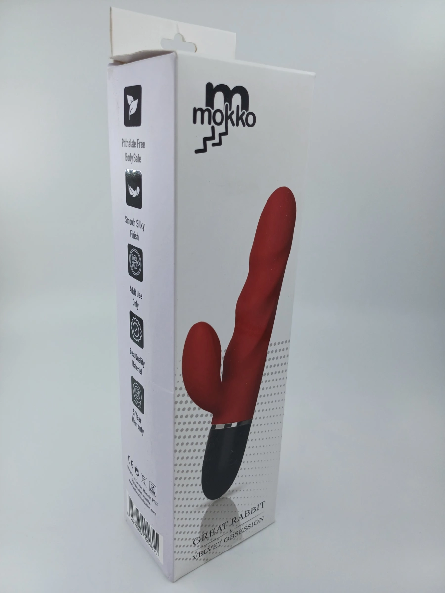 Vibrator Iepuras Great Rabbit, 10 Moduri Vibratii, Silicon, USB, Rosu, 23.5 cm, Mokko Toys, Velvet Obsession
