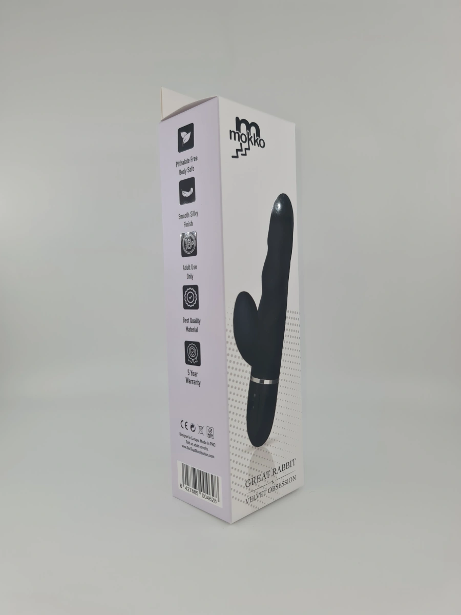 Vibrator Iepuras Great Rabbit, 10 Moduri Vibratii, Silicon, USB, Negru, 23.5 cm, Mokko Toys, Velvet Obsession