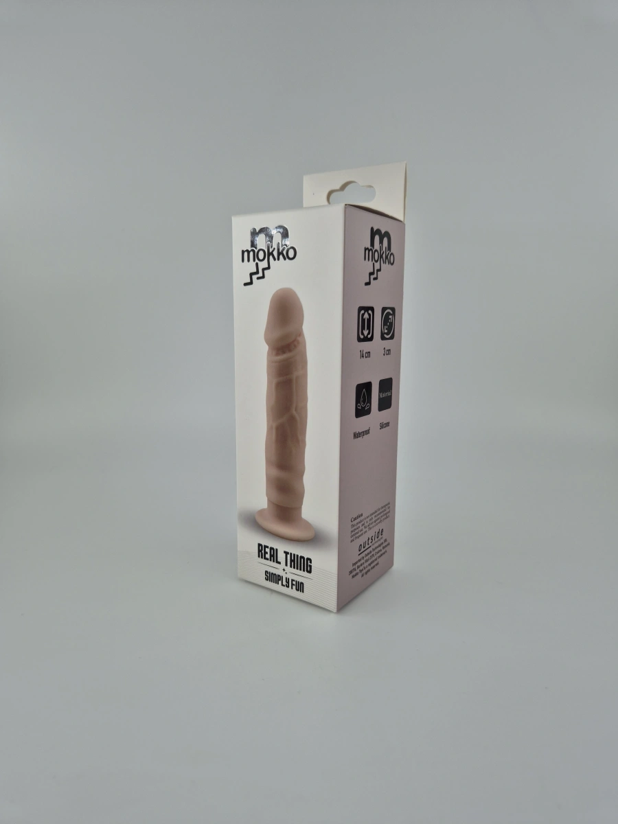 Mini Dildo Real Thing cu Ventuza, Silicon, Natural, 14 cm, Mokko Toys