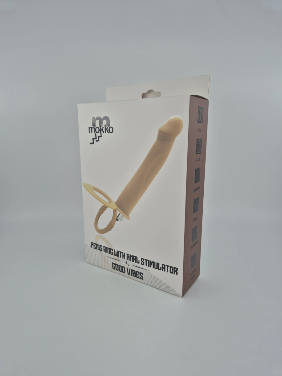 Inel Dublu de Penis cu Stimulator Anal 10 Moduri Vibratii Silicon Natural Mokko Toys