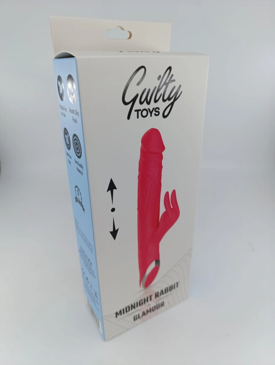 Vibrator Midnight Rabbit, 10 Moduri Thrusting, 10 Moduri Vibratii, Silicon, USB, Rose, 24.5 cm, Guilty Toys, Glamour