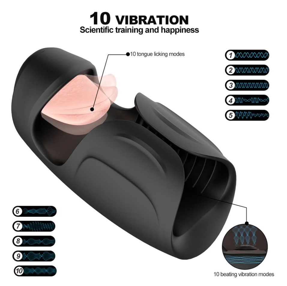 Stimulator Penis Blowjob, Vibrating&Tappping&Licking, Silicon, Negru, USB Magnetic, 14.5 cm