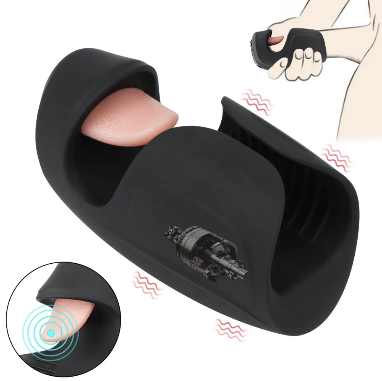 Stimulator Penis Blowjob, Vibrating&Tappping&Licking, Silicon, Negru, USB Magnetic, 14.5 cm