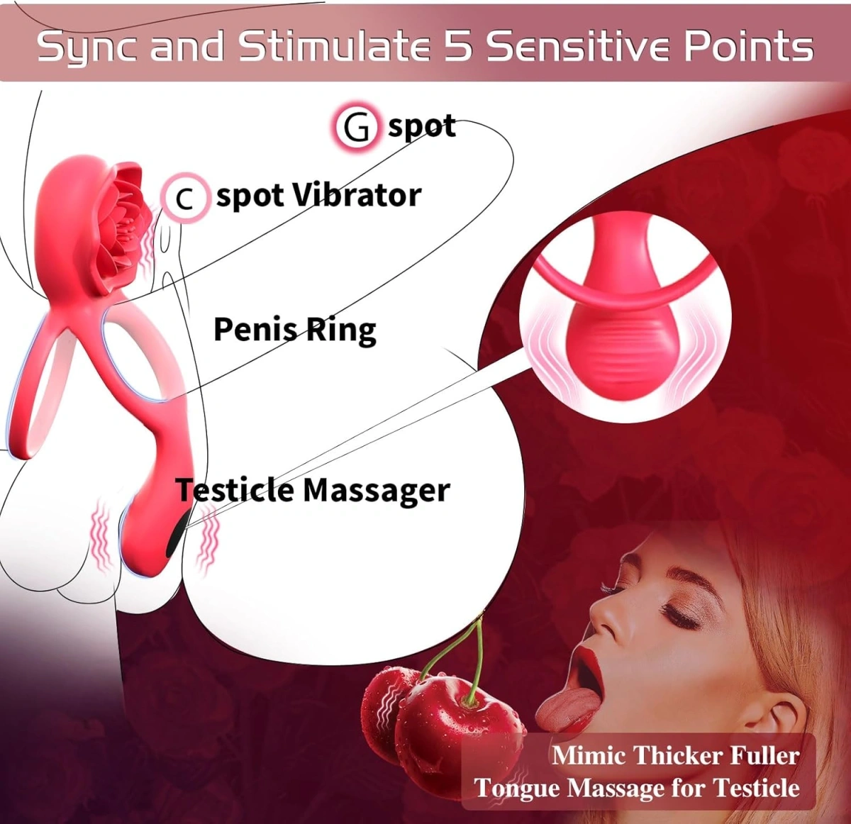 Inel Rosa Penis Ring&Testicles Vibe, Remote Control, 9 Moduri Vibratii, Silicon, USB, Rosu, Passion Labs