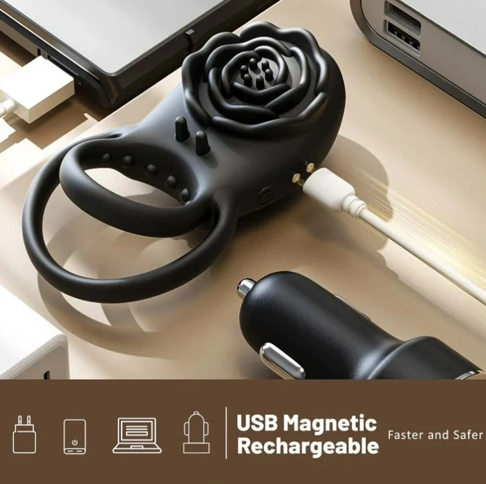 Inel Dublu de Penis Black Beauty, Remote Control, 8 Moduri Vibratii, Silicon, USB magnetic, Negru, Passion Labs