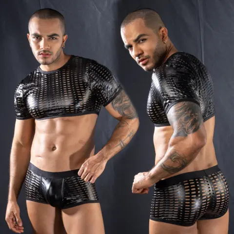 Set Lenjerie 2 Piese, Wetlook, Model Perforat, Negru, S/M