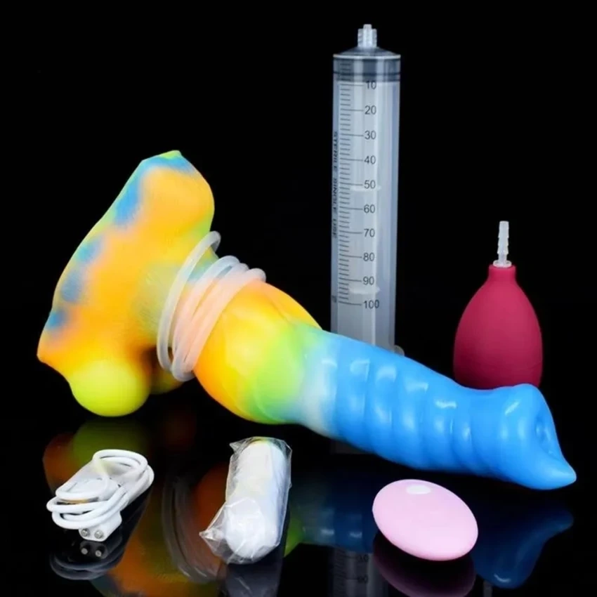 Vibrator cu Ejaculare Luminous Racehorse, Remote Control, 10 Moduri Vibratii, Silicon Lichid, USB, 27cm