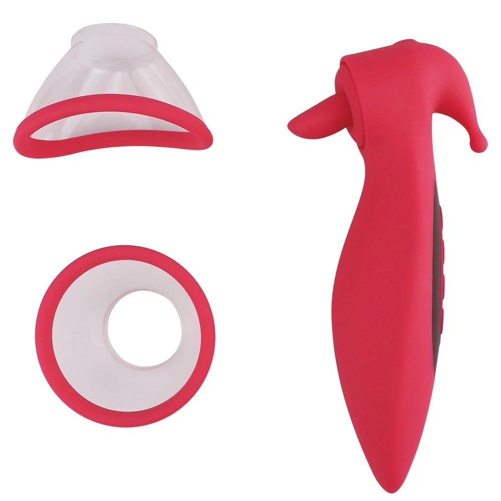 Stimulator 3 in 1, 2 Cupe Incluse, 10 Moduri Vibratii, 10 Moduri Suctiune, 10 Moduri Miscari Limba, Silicon, USB, Rosu, 17.1 cm