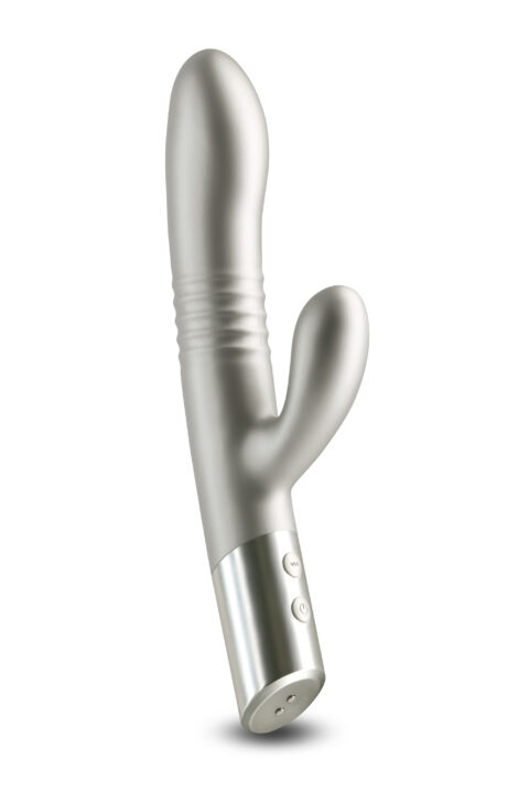 Vibrator Iepuras Royals Grace, Vibrating&Thrusting, 20 Functii Stimulatoare, Silicon, USB, Champagne, 24.3 cm