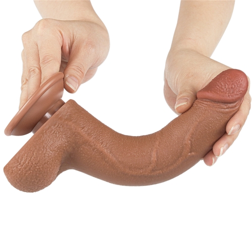 Dildo Realist Sliding Skin Dual Layer, Ventuza Detasabila, TPE, Maro Deschis, 22 cm