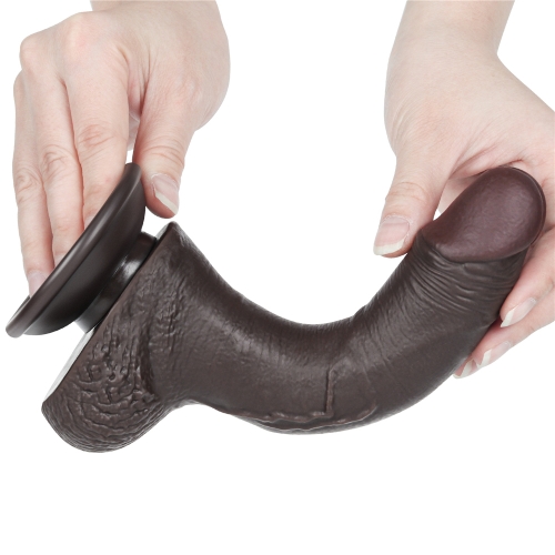 Dildo Realist Sliding-Skin, Ventuza Detasabila, TPE, Maro Inchis, 19.5 cm