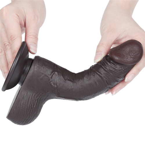 Dildo Realist Sliding-Skin cu Ventuza Detasabila, TPE, Maro Inchis, 19.5 cm