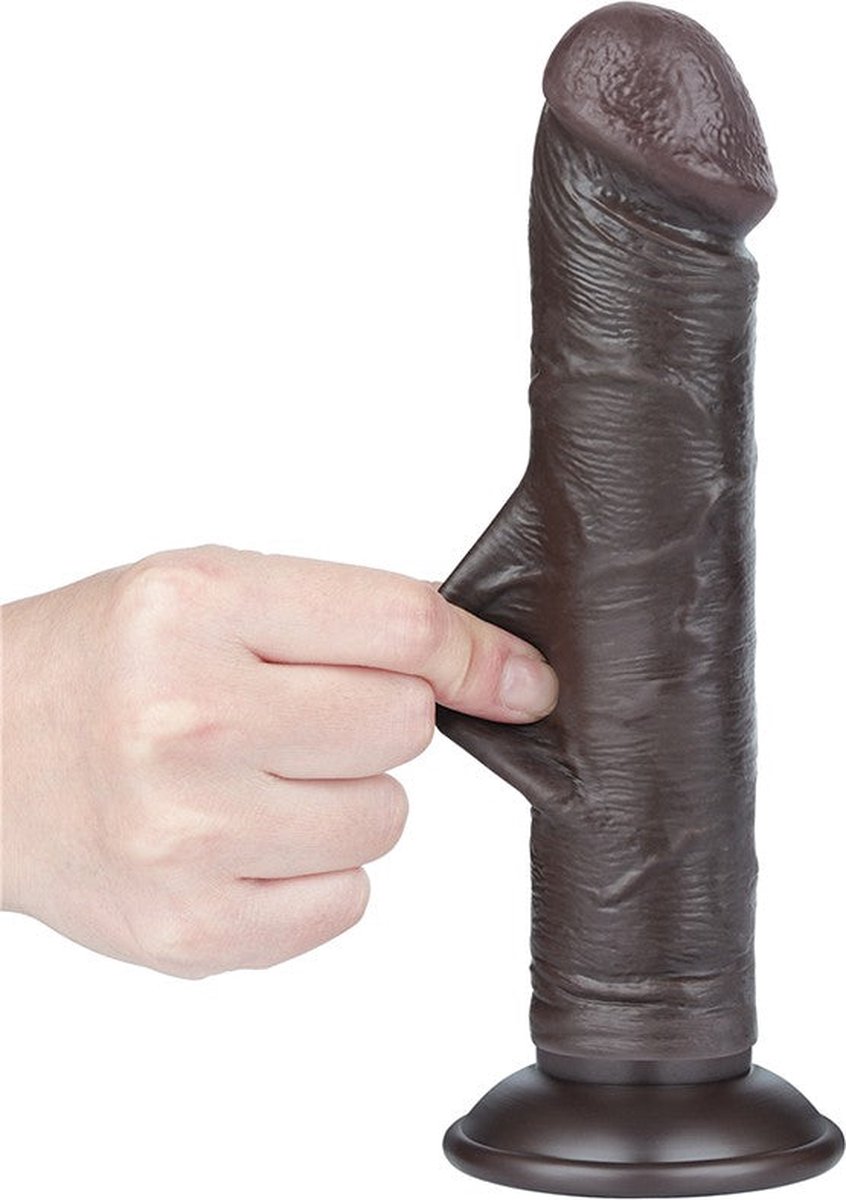 Dildo Realist Sliding-Skin, Ventuza Detasabila, TPE, Maro Inchis, 20.3 cm