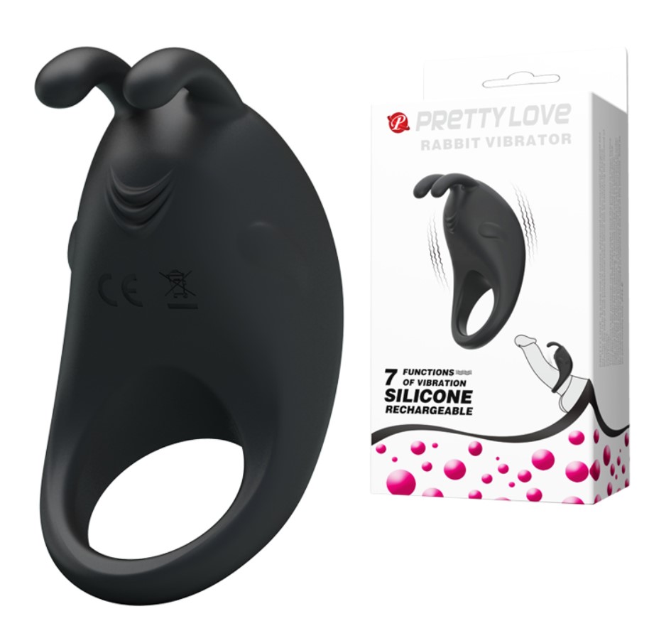 Inel Penis Pretty Love Rabbit, 7 Moduri Vibratii, Silicon, USB, Negru