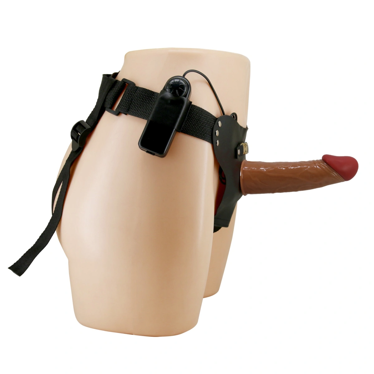 Strap-On Harness Starks cu Dildo Hollow si Vibratii Multispeed, TPR, Maro, 17.5 cm