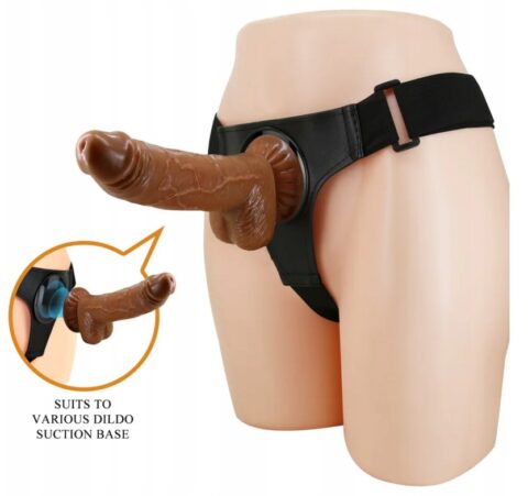 Strap-on Harness Briefs Micheal, Fixare cu Ventuza, TPR Dubla Densitate, Maro, 20 cm