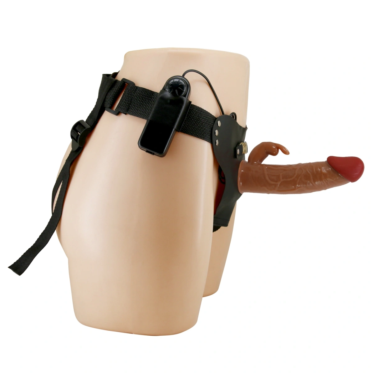 Strap-On Harness Marion cu Dildo Hollow si Vibratii Multispeed, TPR, Maro, 19 cm