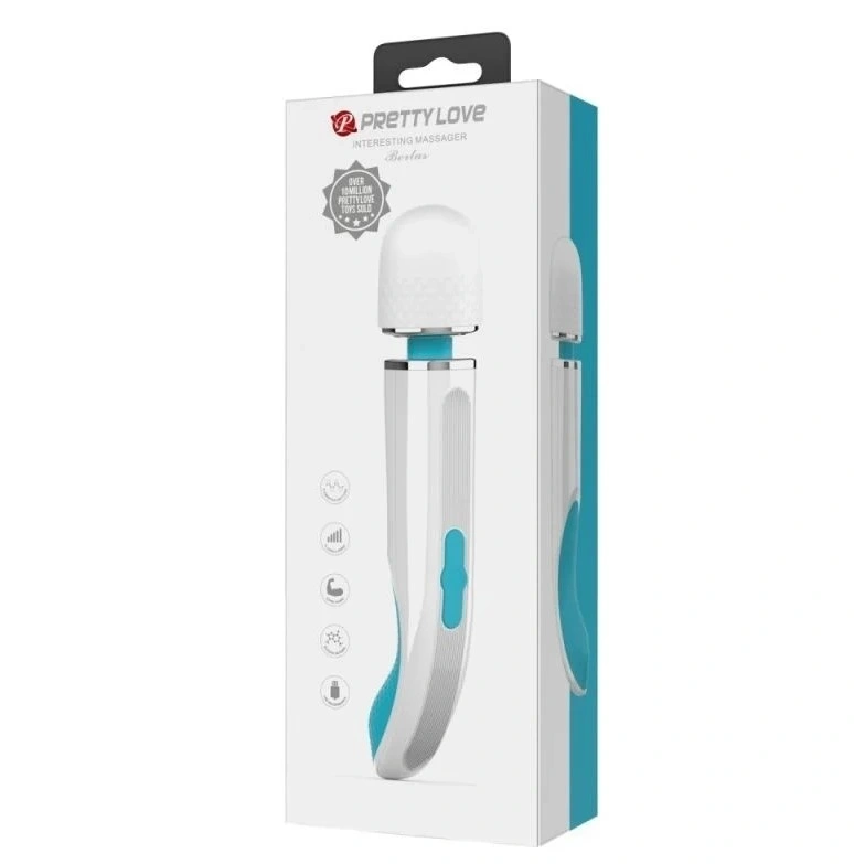 Vibrator Masaj Pretty Love Berlas, 7 Moduri Vibratii, 5 Viteze, Silicon, USB, Alb/Albastru, 29 cm