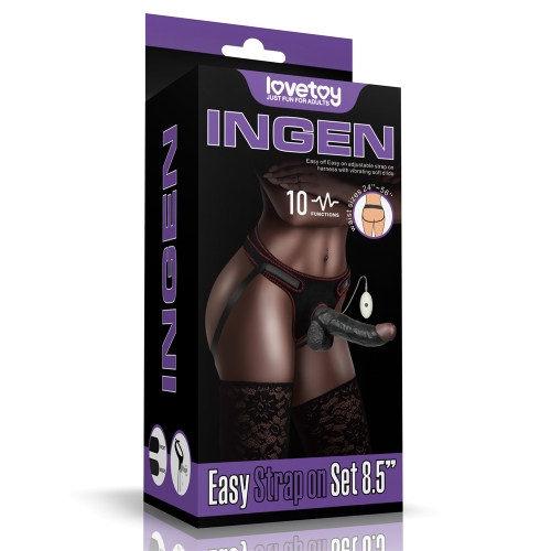 Set Easy Strap-On cu Vibrator Realist Detasabil, 10 Moduri Vibratii, TPE, Negru, 21.5 cm