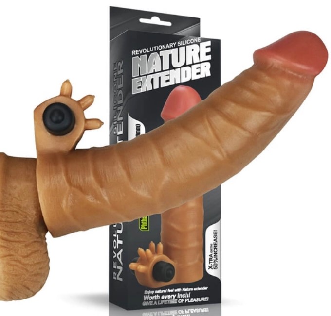 Prelungitor Penis cu Glont Vibrator Nature Extender + 3.8 cm, Silicon, Maro