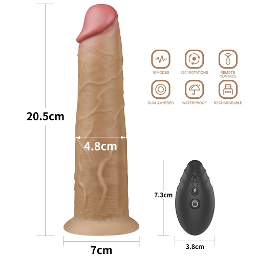Vibrator Realist Nature Cock, Remote Control, Silicon Dubla Densitate, 10 Moduri Vibratii si Rotatii, Maro, 20.5 cm