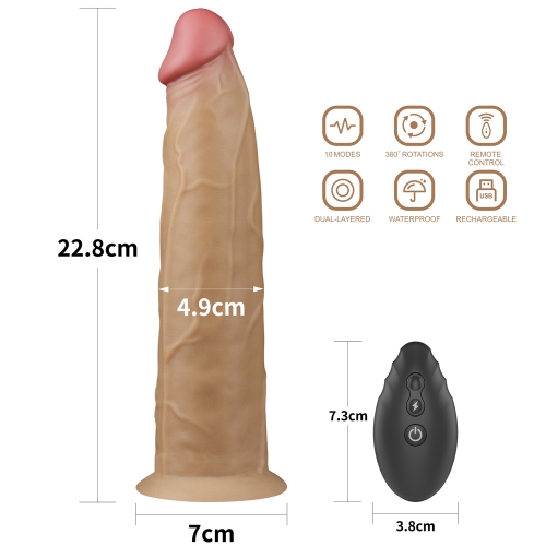 Vibrator Realist Nature Cock, Remote Control, Silicon Dubla Densitate, 10 Moduri Vibratii si Rotatii, Maro, 22.8 cm