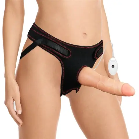 Set Easy Strap-On cu Vibrator Detasabil, 10 Moduri Vibratii, TPE, Natural, 19 cm