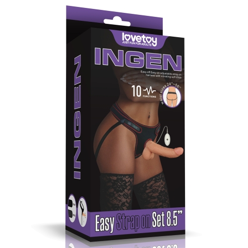 Set Easy Strap-On cu Vibrator Detasabil, 10 Moduri Vibratii, TPE, Natural, 21.5 cm