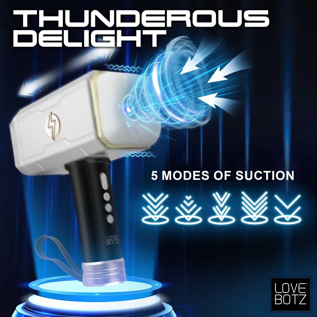 Masturbator Thunder Stroker Thors Hammer, Sucking&Vibrating, TPE, USB, Alb/Negru, 23.1 cm