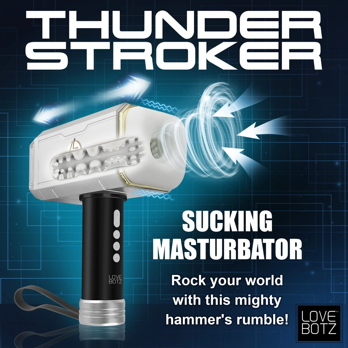 Masturbator Thunder Stroker Thors Hammer, Sucking&Vibrating, TPE, USB, Alb/Negru, 23.1 cm