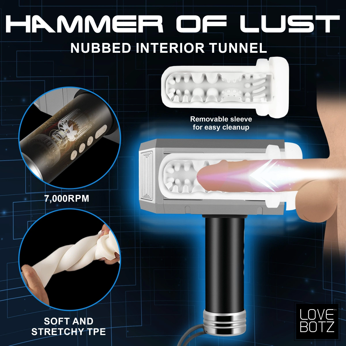 Masturbator Thunder Stroker Thors Hammer, Sucking&Vibrating, TPE, USB, Alb/Negru, 23.1 cm
