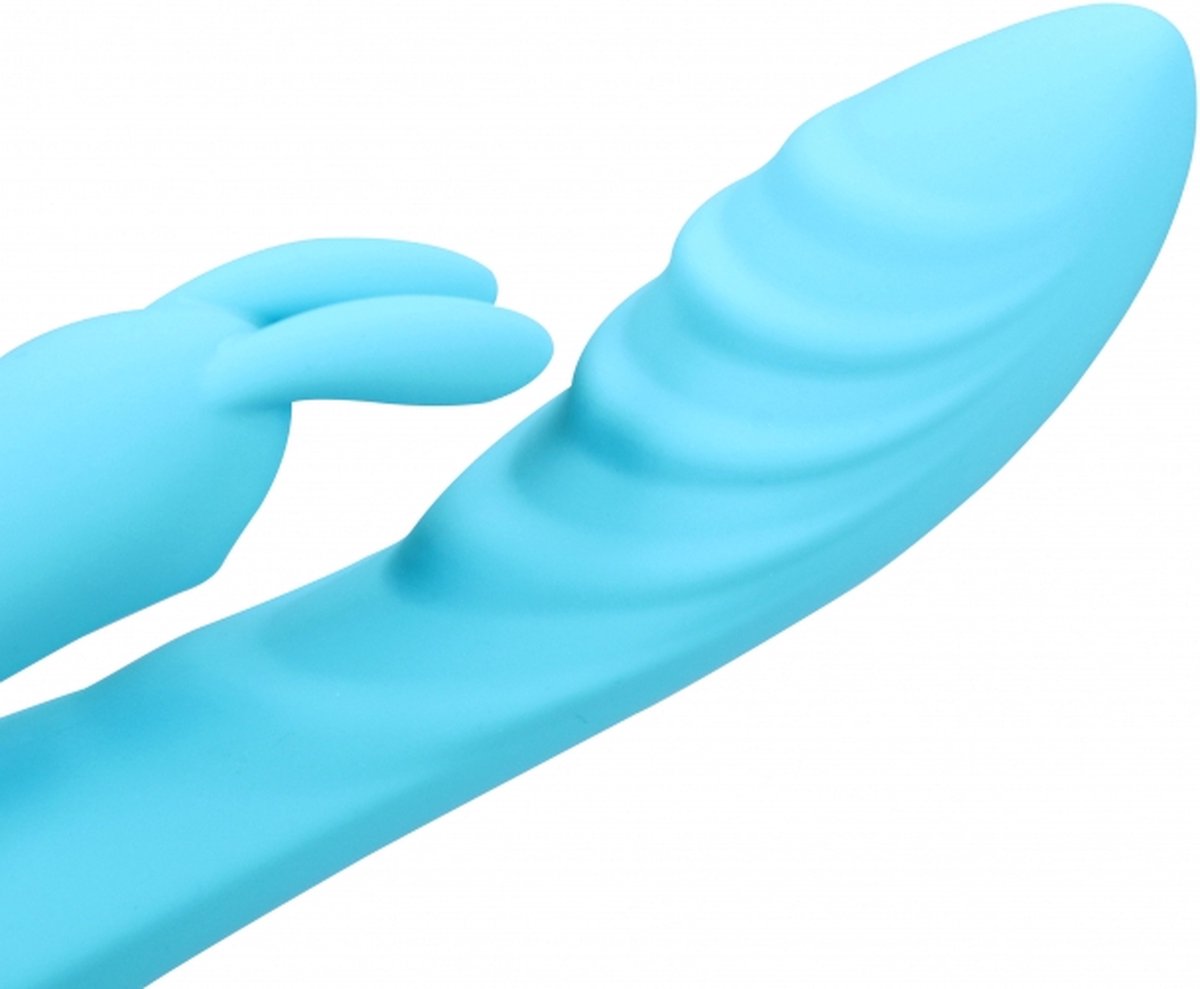 Vibrator Iepuras Ribbed, 10 Moduri Vibratii, Silicon, USB, Albastru, 21 cm