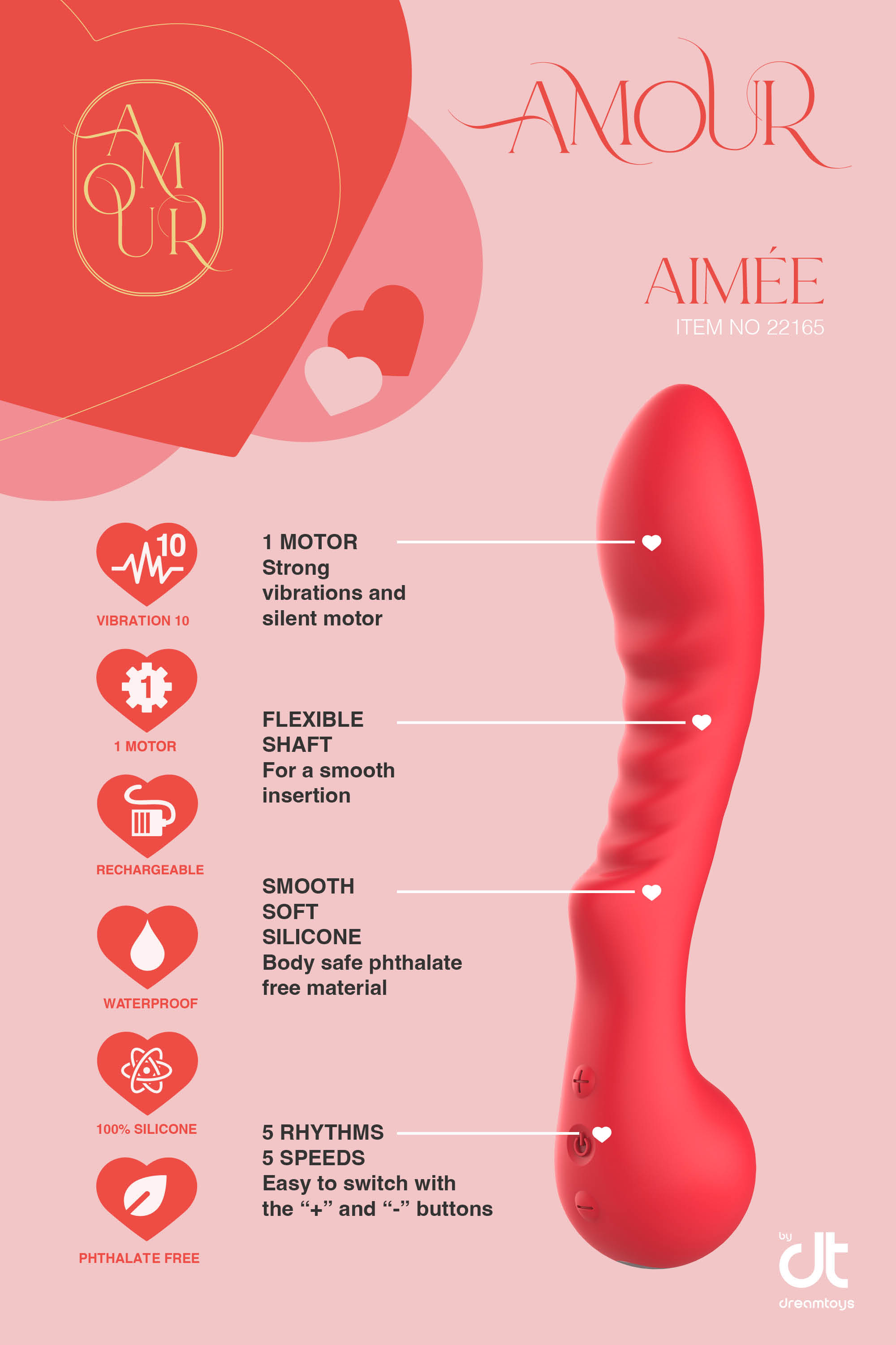 Vibrator Punctul G Amour Aimee, 10 Moduri Vibratii, Silicon, USB, Rosu, 22 cm