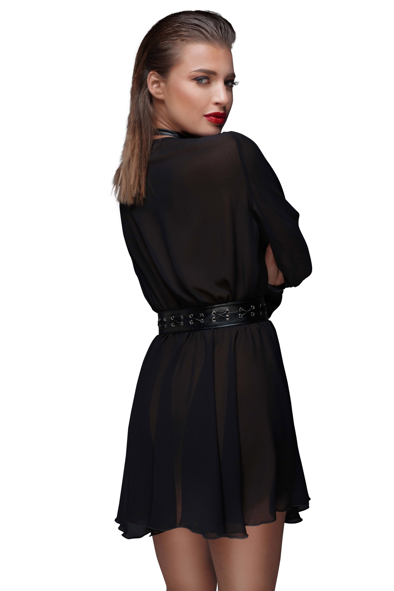 Rochie Mini din Voal cu Centura Piele Ecologica M