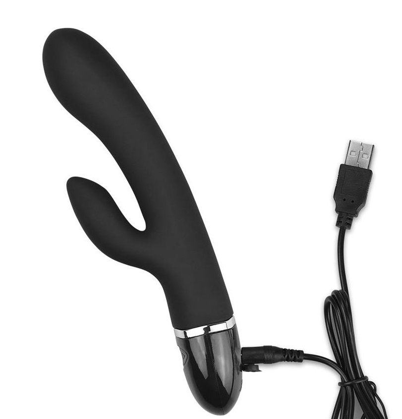 Vibrator Rabbit O-Sensual Clit Duo Climax 7 Moduri Vibratii Silicon USB Negru 22 cm